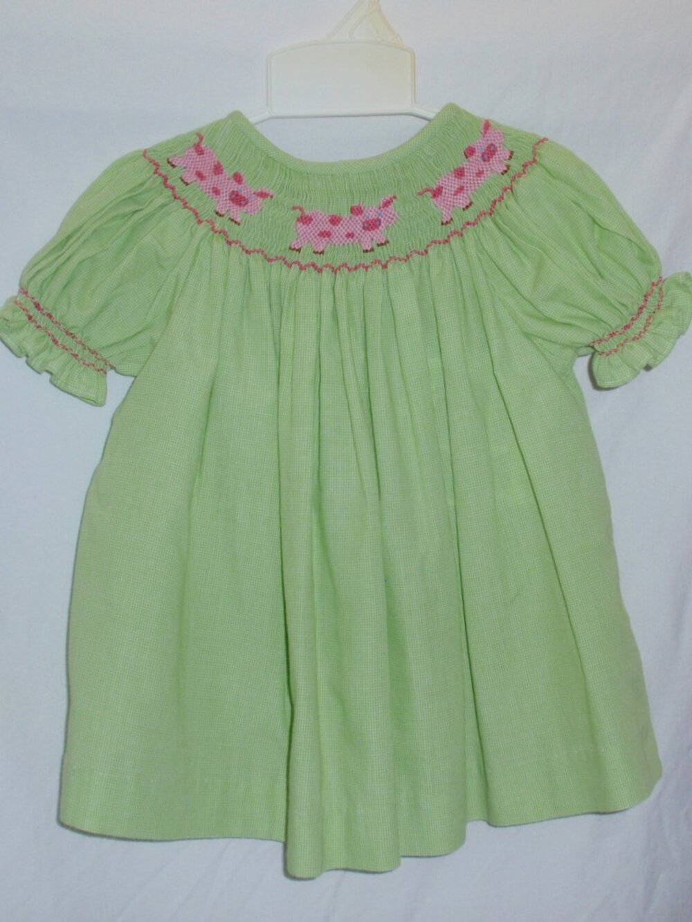 Lolly Wolly Doodle 3 Pigs Smocked Embroidered Green Check Bishop Dress Sz 3t